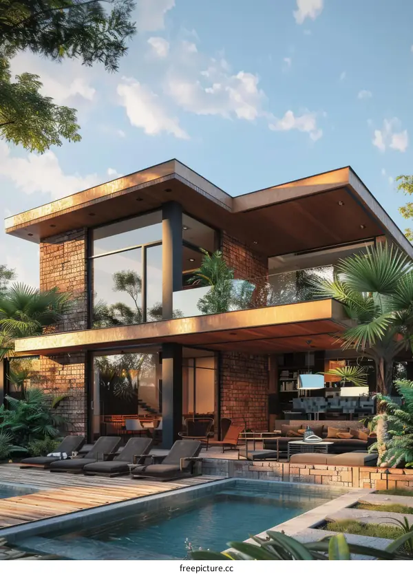 Modern Suburban Home Exterior with Tropical Palm Trees