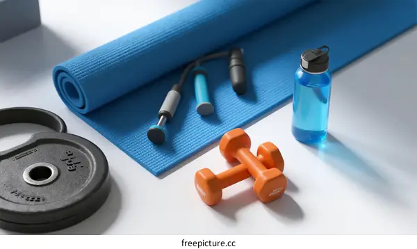 Fitness Equipment Including Yoga Mat Jump Rope Dumbbells and Water Bottle