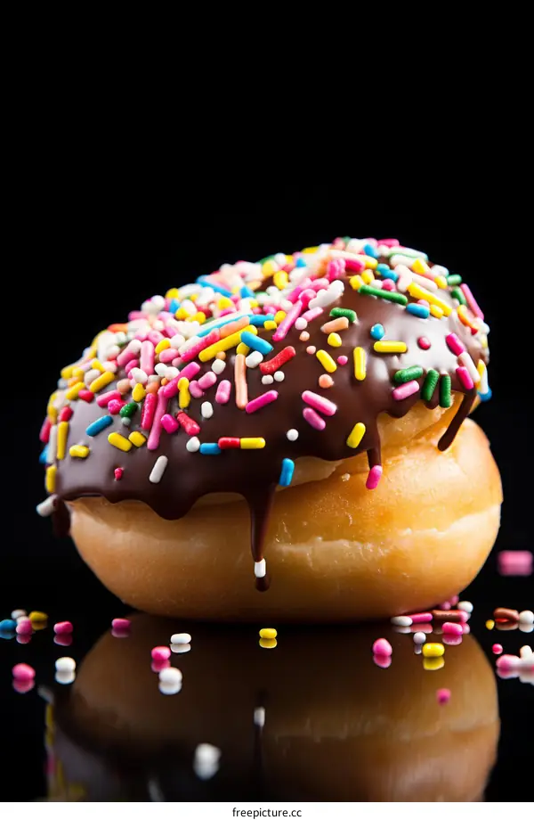 yeast donut with chocolate icing and rainbow sprinkles