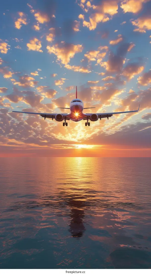 airplane flying over the sea at sunset