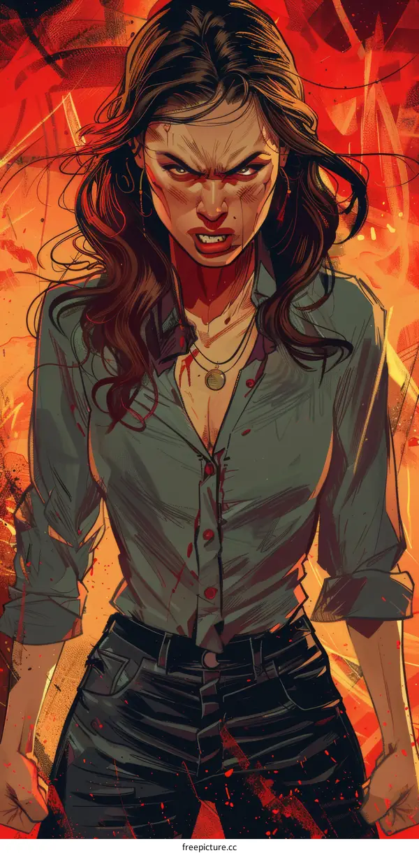 A woman with long brown hair and red lipstick is standing in front of a fiery background. She is wearing a blue shirt and black jeans. She has a determined expression on her face.