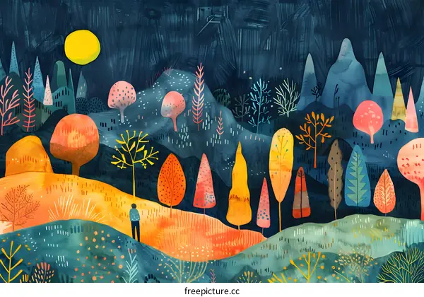 Colorful surreal forest landscape with a person walking into the distance