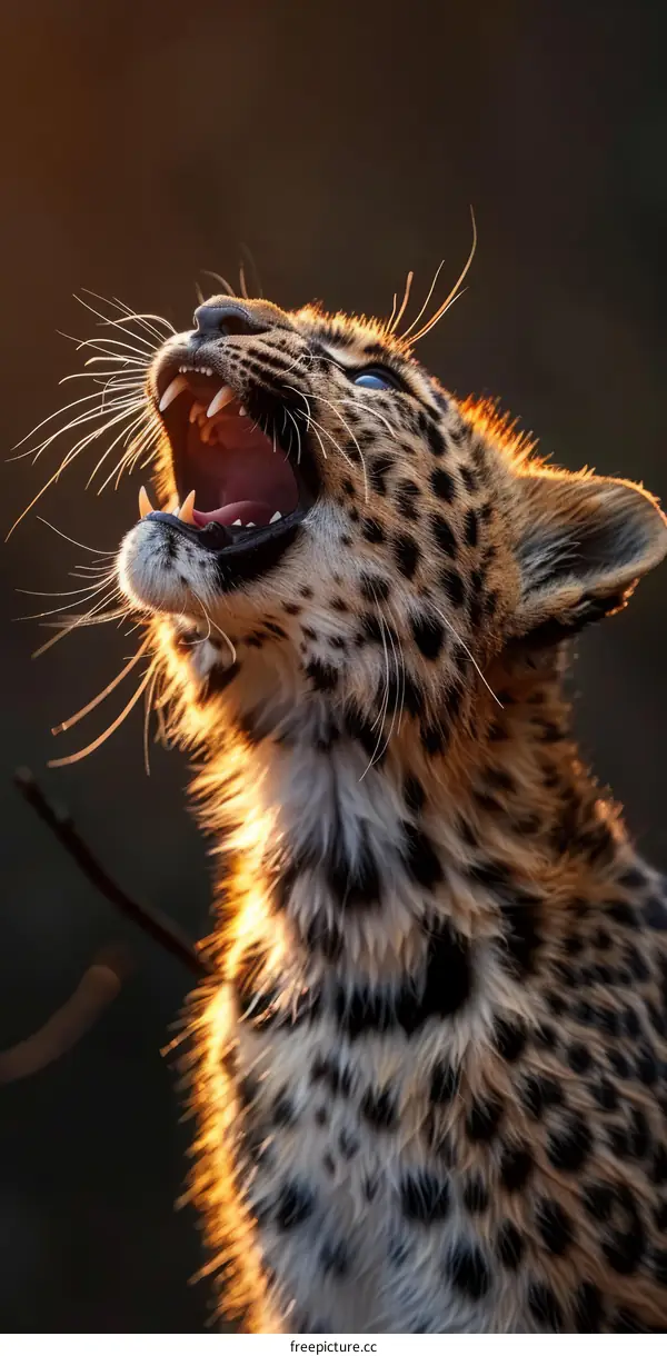 A young leopard roars in the golden light