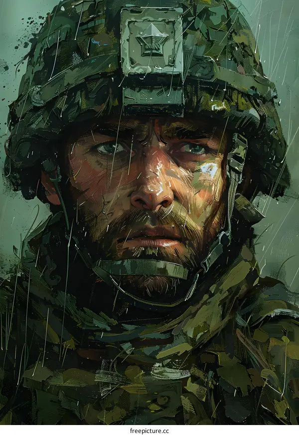 Portrait of a soldier wearing a green camouflage helmet and face paint.