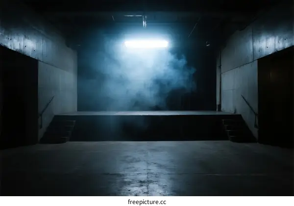 Dimly lit empty room with bright light and smoke creating a mysterious atmosphere