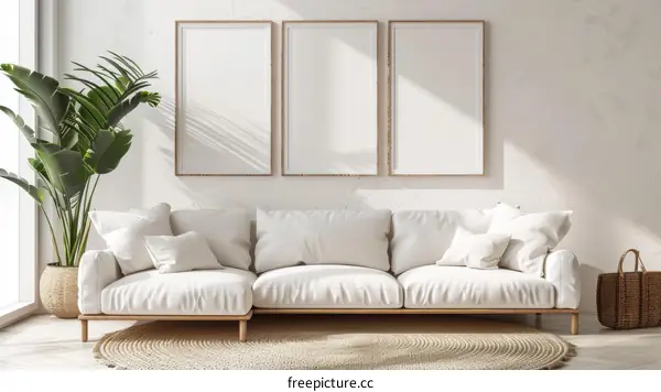 Bright living room interior with white sofa, frames, plant and carpet