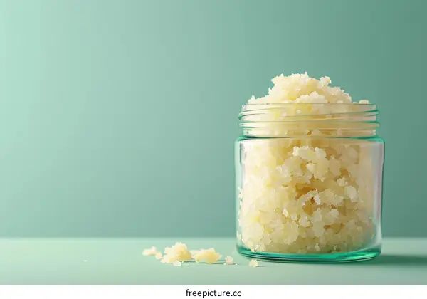 Close-up of a jar of yellow body scrub
