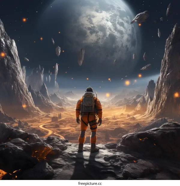 An astronaut stands on a rocky moon or mars landscape and looks at a large moon or planet in the sky