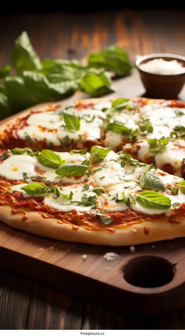 Pizza with fresh basil leaves on a wooden cutting board