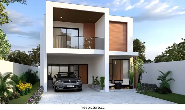 Modern Two Story Home Design with Balcony and Garage