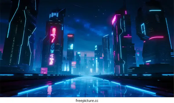 Futuristic cityscape with neon lights and modern architecture at night