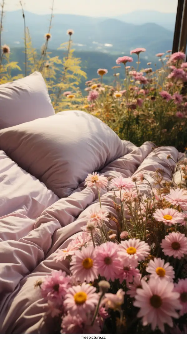 Bed in a field of flowers with a view of the mountains