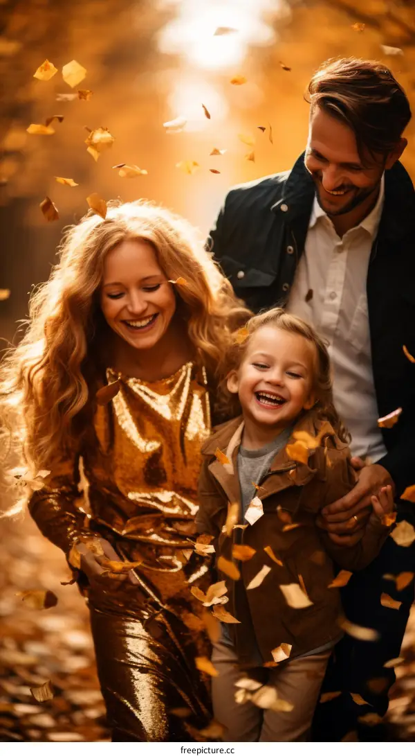 Family of three walking in the autumn forest
