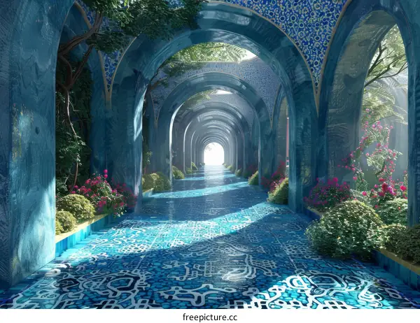 Futuristic Blue Archway with Trees and Flowers
