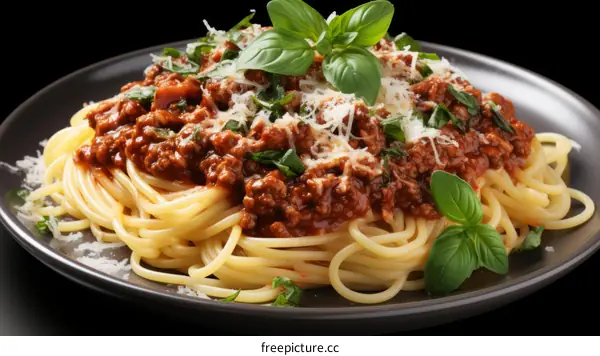 A plate of spaghetti with tomato sauce and basil