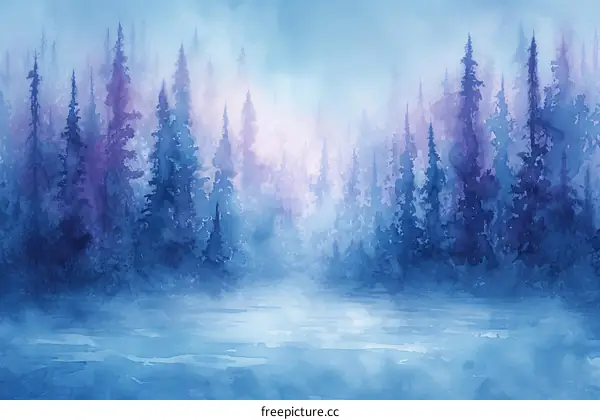Blue and purple watercolor background of pine trees and a frozen lake
