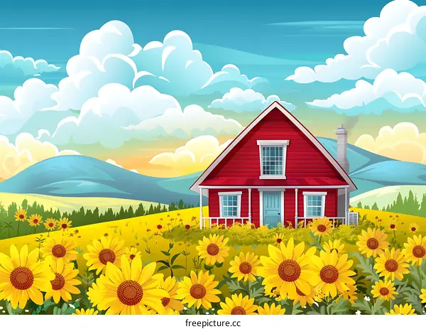 Red Cottage in a Field of Sunflowers