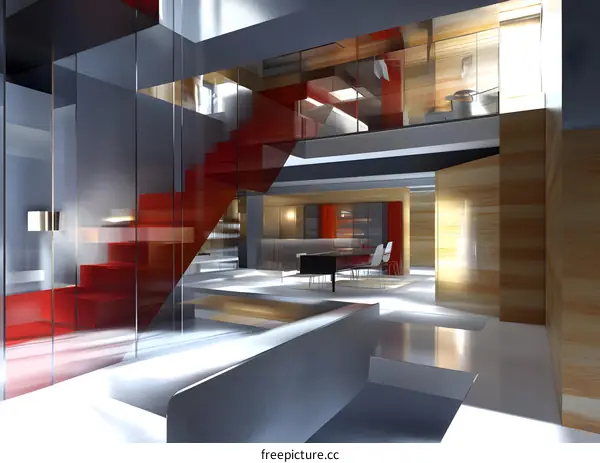Modern Home Interior Design with Glass Walls and Red Stairs