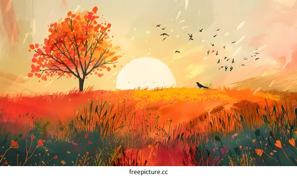 Autumn Sunset with Red Tree and Birds