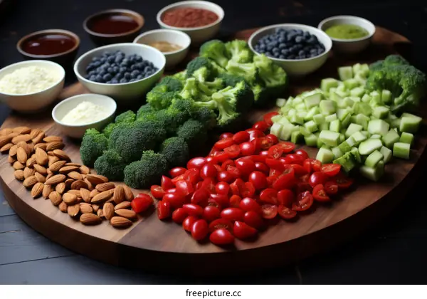 A wooden board with various vegetables, fruits, nuts, and seeds arranged on it