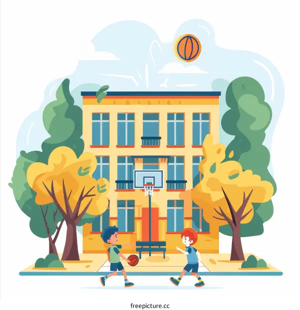 Two boys playing basketball in the schoolyard