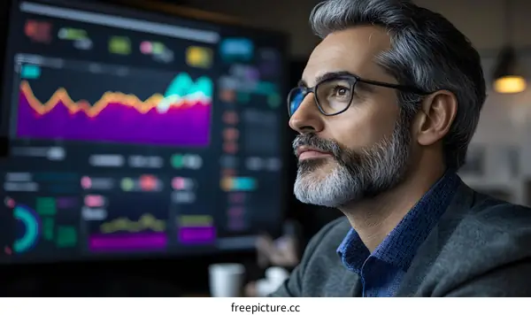 Businessman Thinking And Looking At Financial Data On Screen
