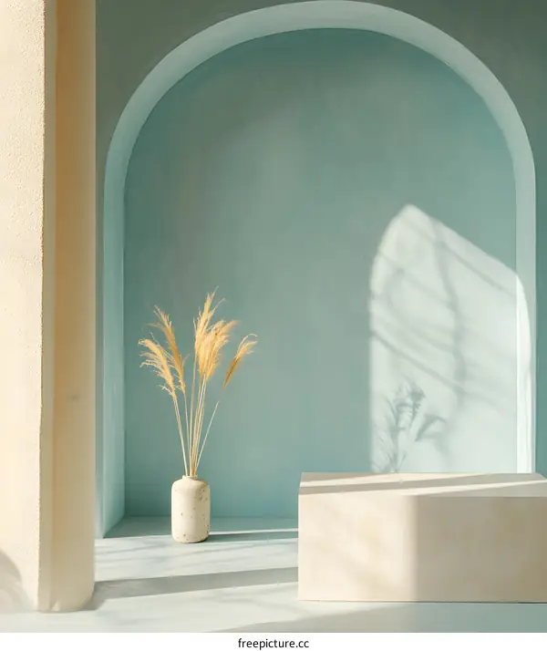 Minimalist Blue Wall With Archway And Pampas Grass