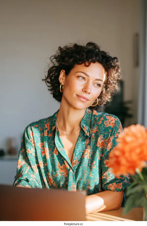 Woman Working on Laptop in Stylish Floral Top