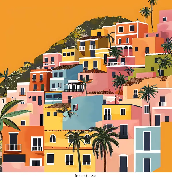 Colorful Buildings on a Hillside with Palm Trees