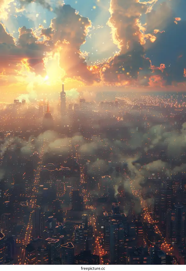 Cityscape Sunrise Illustration with Dramatic Clouds