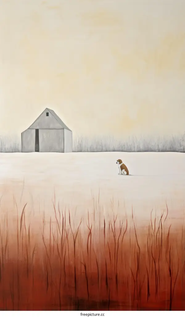 dog in front of barn in winter field
