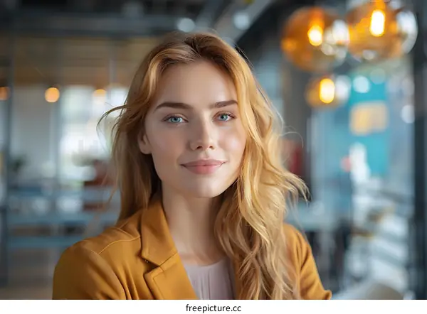 portrait of a beautiful blonde woman in a yellow jacket