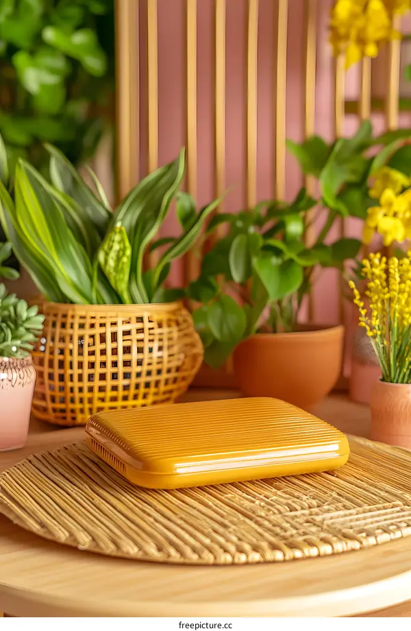 Yellow Modern Air Purifier on Wooden Table with Plants