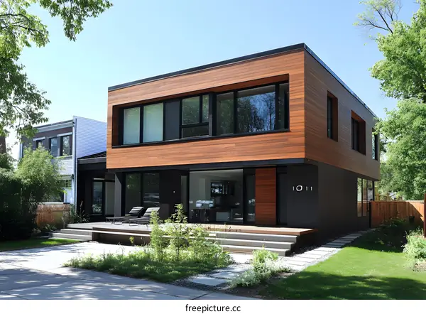 Modern House with Wooden Siding and Large Windows