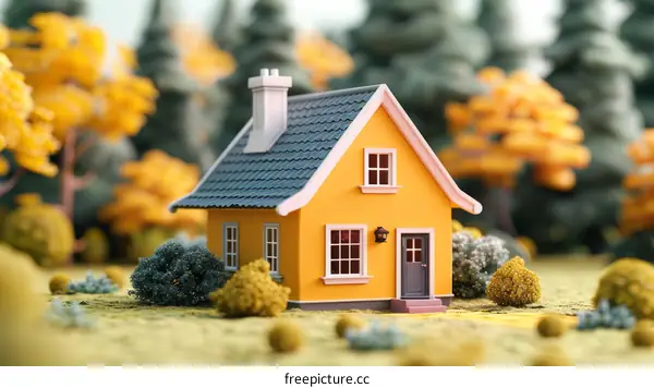 A small yellow house in a forest