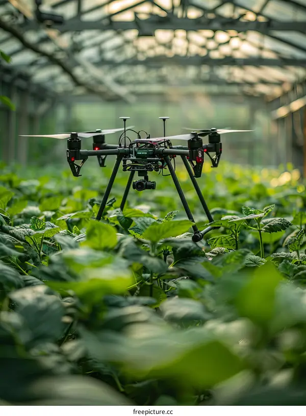 Drone flying over a field of green plants