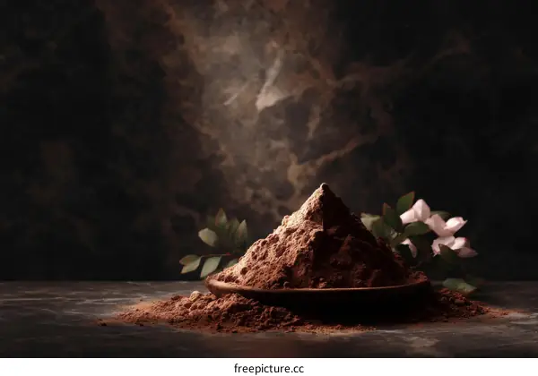 Dark Chocolate Powder Pile on Plate with Floral Accent