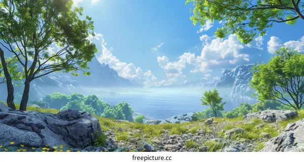 Fantasy Landscape of a Lake and Mountains