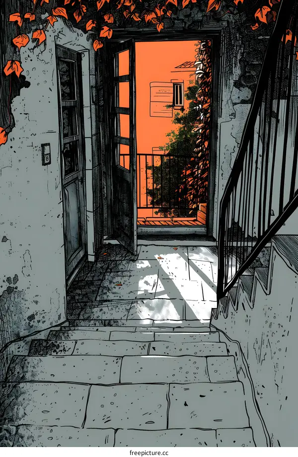 Staircase Leading to a Balcony with Open Doors