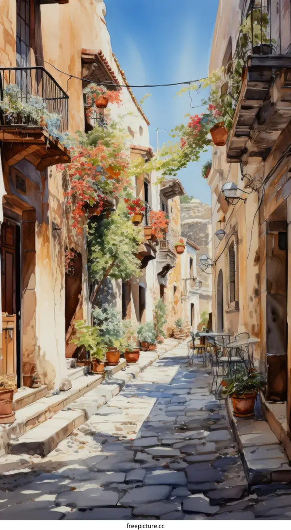 A narrow street with colorful flowers hanging from the balconies