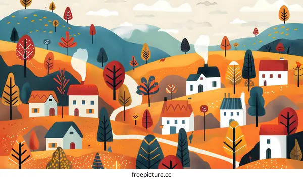 Autumn Village Illustration With Houses And Trees