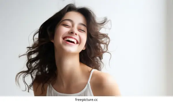 Portrait of a beautiful young woman with long brown hair smiling happily