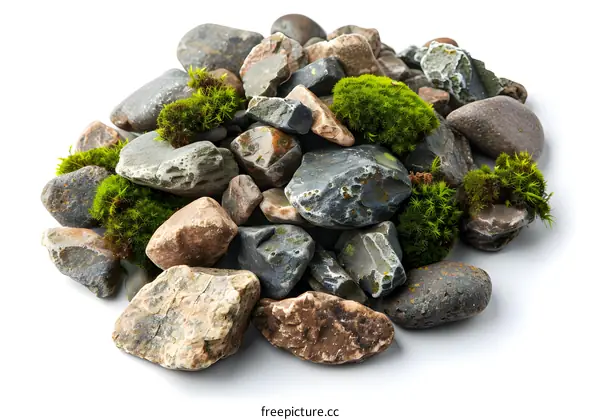 Pile of Stones with Moss on White Background