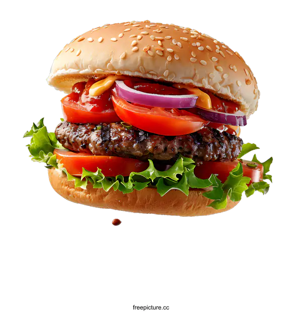 [Transparent Background PNG]Delicious burger with flying ingredients
