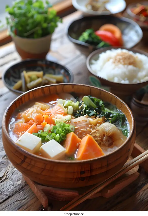 A delicious and healthy Japanese miso soup with tofu, carrots, and spinach.