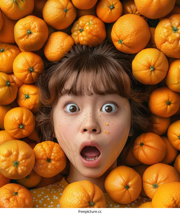 A girl is lying in a pile of oranges with a surprised expression on her face
