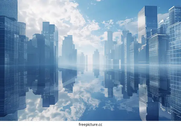 A Futuristic City with Gleaming Skyscrapers and Serene Water Reflections