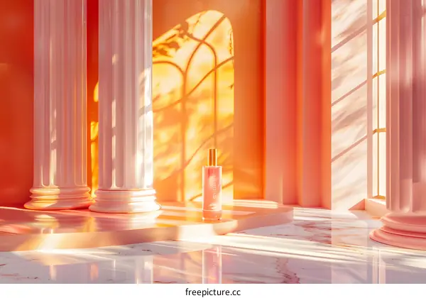 Perfume bottle displayed in sunlight in a colonnade