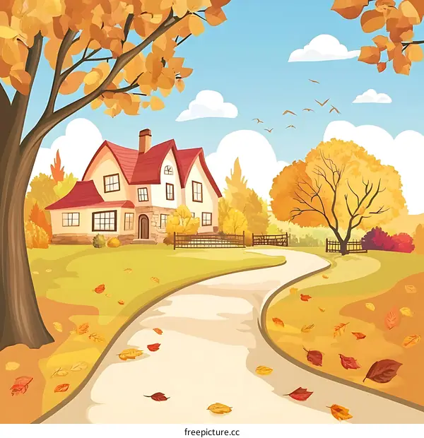Autumn House With Winding Path And Falling Leaves