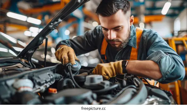 Car mechanic in uniform inspecting automobile engine